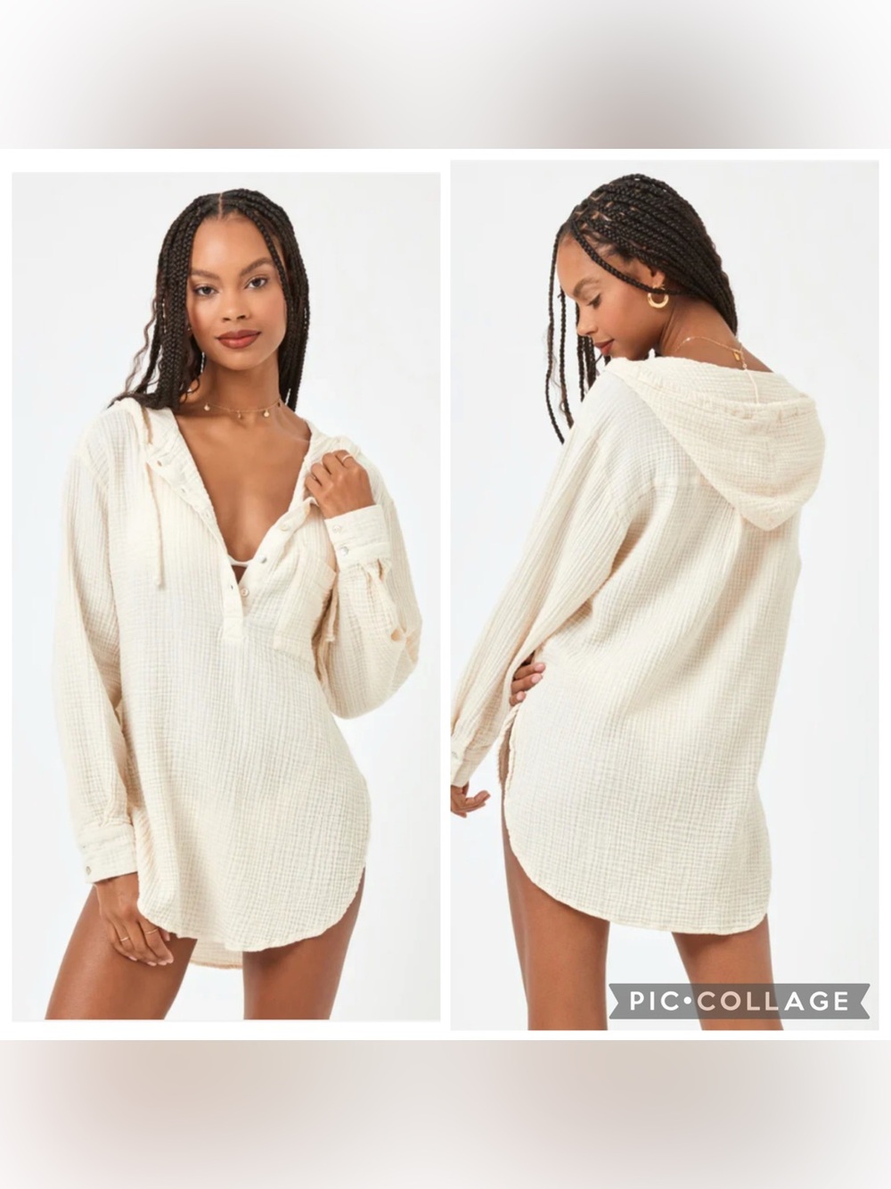 L*Space Sonora Cotton Hooded Button-Down Cover-Up Shirt Beige XS NWOT